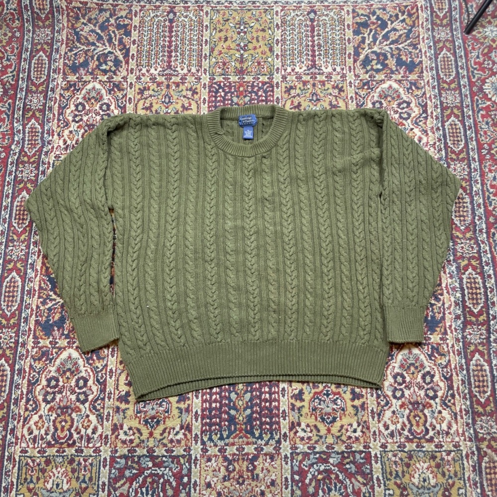 VTG 90s Cambridge Classics XL Olive‎ Green Cable Knit Cotton Crewneck Sweater